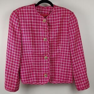 Doncaster Silk Collarless Long Sleeve Blazer Jacket Pink White Size 12